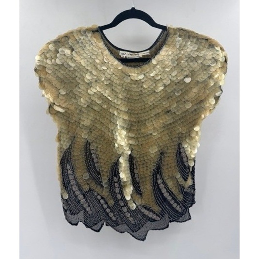Vintage Oleg Cassini Gold Black Paillette Sequin Beaded Top MEDIUM Scalloped